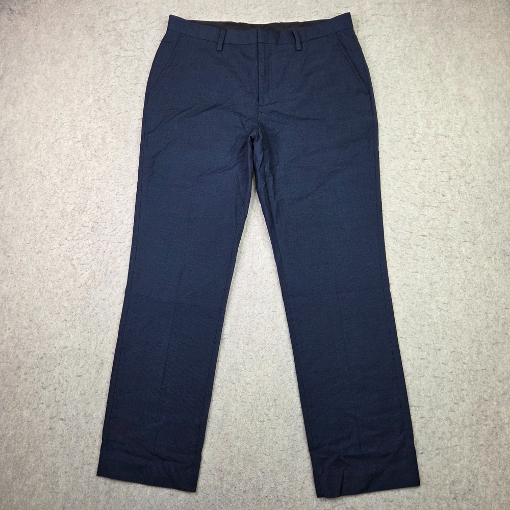 Saksโ Fifth Avenue Dress Pants Mens 32x30 Navy Blue Check Flat Front Business